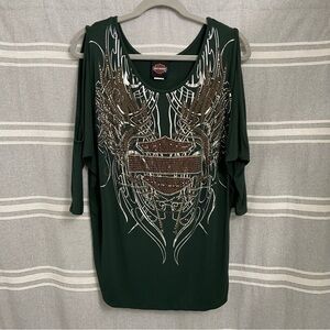 HARLEY DAVIDSON / 3/4 Sleeve Cold Shoulder Blouse Rhinestones Size M